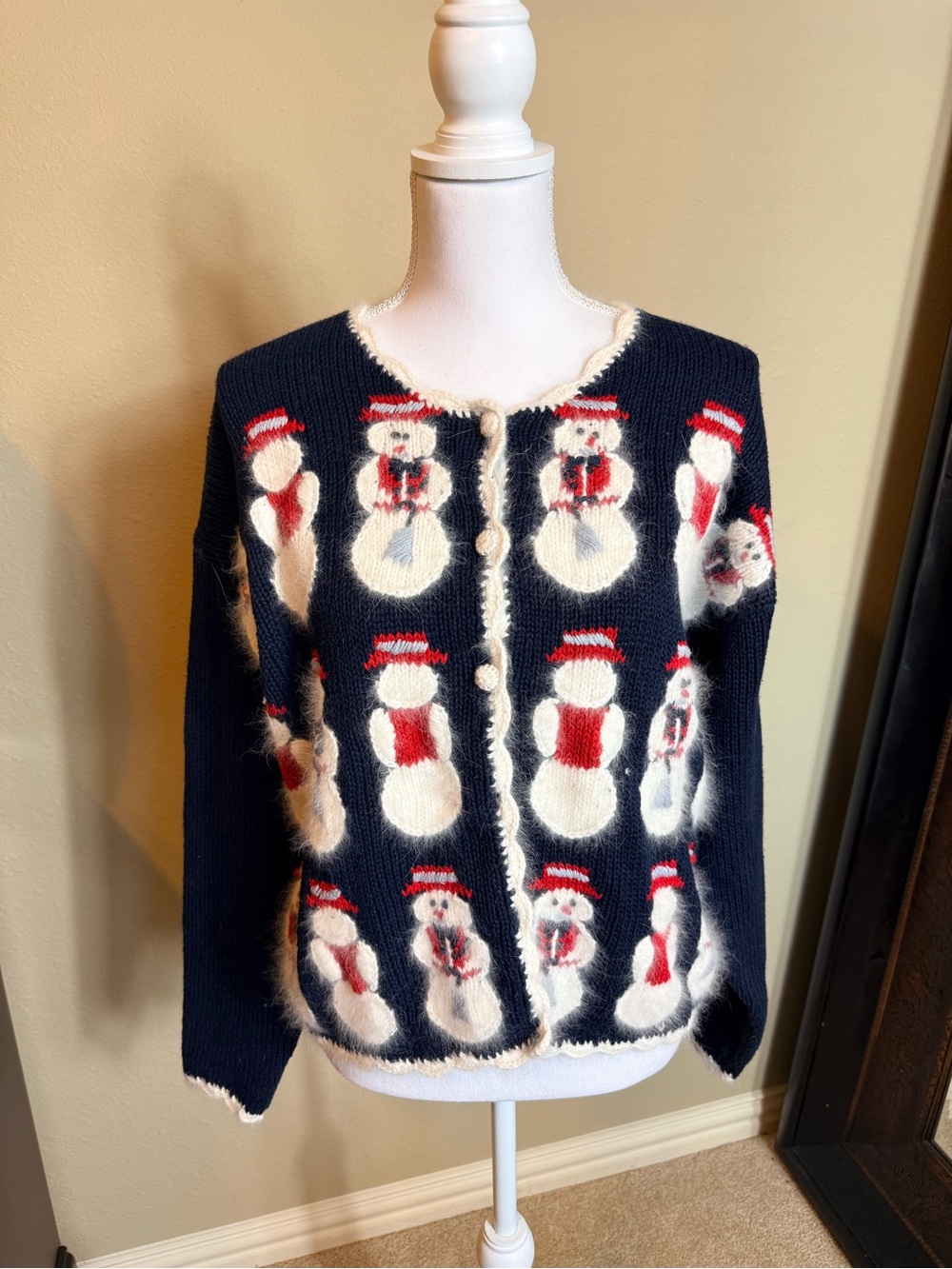 Christopher & Banks Navy Cardigan with White & Red Snowman Motif Vintage